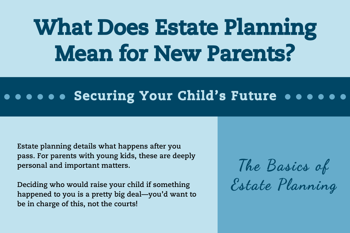 What does estate planning mean for new parents? Securing your child's future. Estate planning details what happens after you pass. For parents with young kids, these are deeply personal and important matters. Deciding who would raise your child if something happened to you is a pretty big deal—you’d want to be in charge of this, not the courts!